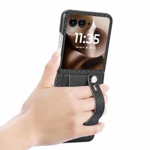 Protection Motorola Moto Razr 70 Plus étui portefeuille cuir kaki et dragonne