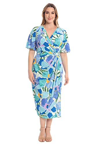 Maggy London Women's Short Flutter Sleeve Faux Wrap Midi Dress4
