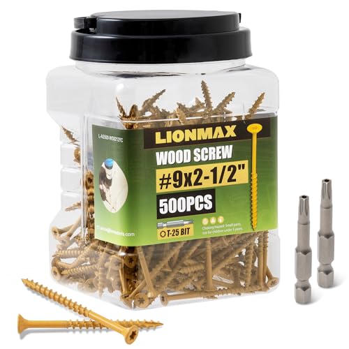 LIONMAX Deck Screws 2-1/2 Inch, Wood Screws #9 x 2-1/2", 500 PCS, Rust Resistant, Exterior Epoxy Coated, Outdoor Decking Screws, Torx/Star Drive Head Deck Screw, T25 Star Bit Included, Tan