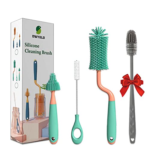OWYELO Kit de cepillo para biberón 4 PCS, cepillo de botellas de silicona, multiusos cepillo de botellas para limpiar taza/tetera/jarrón/vidrio/tubo, cepillos de botella con mango largo Cover