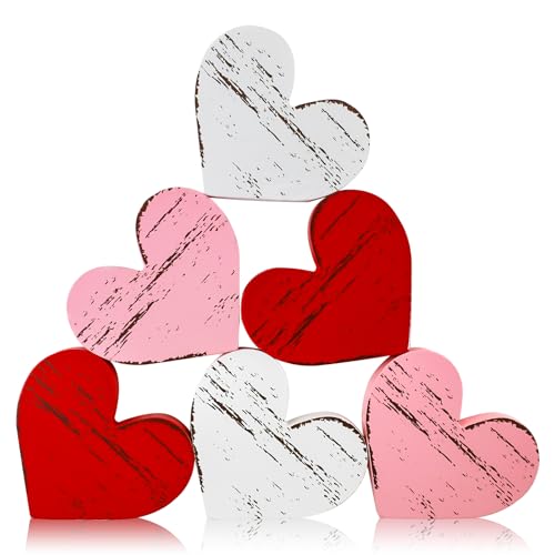 MEMOVAN Valentines Day Heart Wood Sign 6PCS Love Heart Shape Tabletop Centerpiece Red Pink White Wooden Hearts Tiered Tray Decor Retro Hearts Freestanding Valentines Gifts for Boyfriend Girlfriend Wedding Anniversary