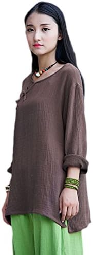 Soojun Women's Retro Vintage Chinese Frog Button Tops Linen Shirts Blouses Coffee