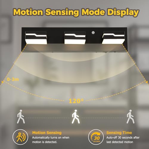 Image of 3-Light LED Bathroom Vanity Light, 19-Inch Matte Black | Vanity Light Fixture with Wireless Motion Sensor, 3CCT Dimmable Lighting Over Mirror, Adjustable Acrylic Heads