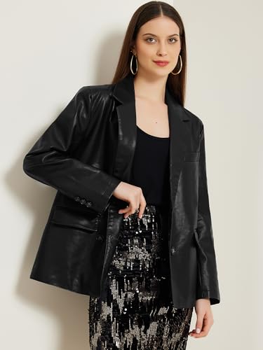 Allegra K Women's Faux Leather Blazer Notch Lapel Work Business Loose Jackets Blazer2