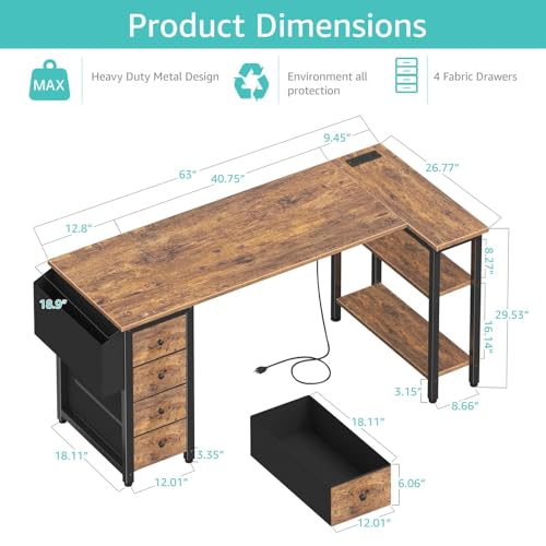 Lufeiya L Shaped Computer Desk with Drawers & Storage Shelves, 63 Inch Corner Desk with Power Outlet for Home Office Bedroom, L-Shaped Teen PC Gaming Desks with Fabric Drawer, Rustic Brown