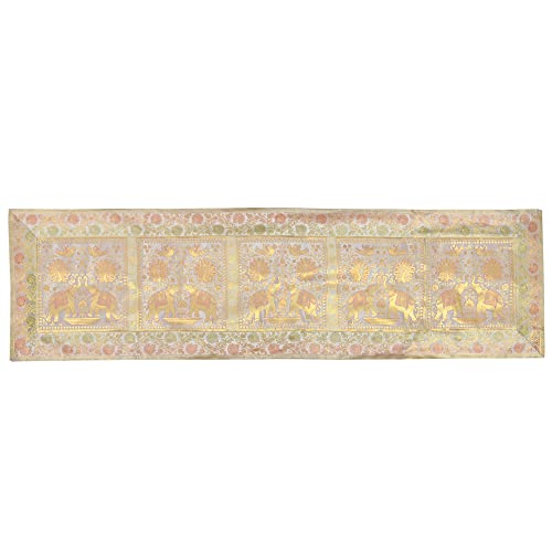 Image of Home Decor Brocade Silk Table Runner for Dinning Table & Centre Table Elephant & Peacock / 16 X 60 Inches (Grey)