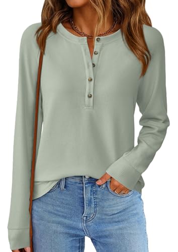 Image of PRETTYGARDEN Women's Long Sleeve Waffle Knit Henley Shirts Loose Tunic Tops