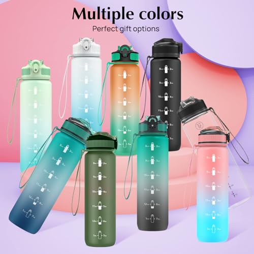 NAVTUE 1L Trinkflasche, Sport-Wasserflasche mit Strohhalm, Zeitmarkierungen, auslaufsicher, Tritan, BPA-frei, Wasserflasche für Schule Radfahren Laufen (blau cyan)