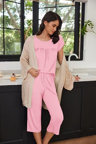 Image of Ekouaer Women's Capri Pajama Set Short Sleeve Mumu Pjs Pleated Top Capri Pants with Pockets Sleepwear Lounge Set