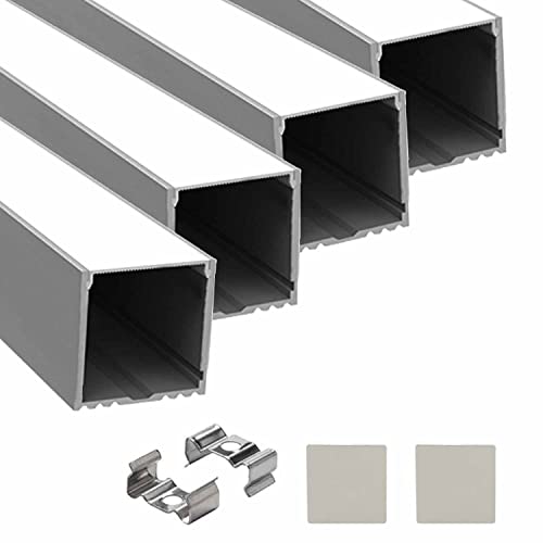 Image of (35x35mm LED Strip Light 1Meter Aluminium Rectangular Surface Profile Light Channels with Diffused Cover, End Caps and Mounting Clips Without LED Straight Linear - Pack of 4