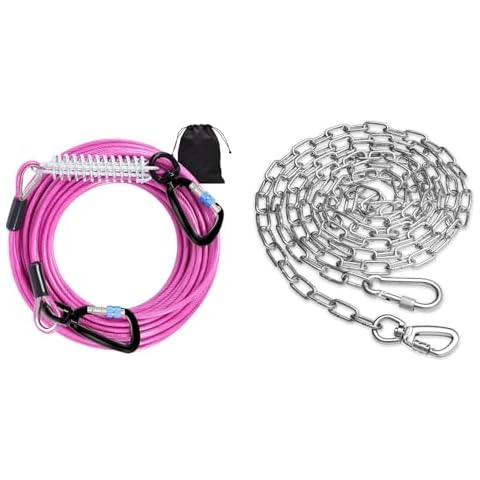 Snagle Paw Pink Long Lead for Dogs 50FT, Metal Dog Chain for Yard Chew Proof 15FT Cover