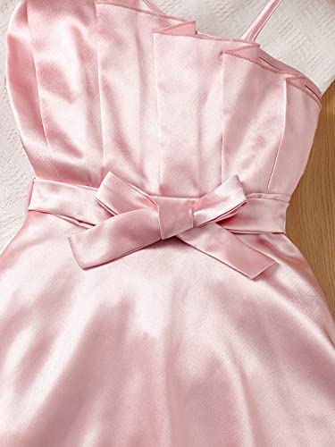 Wdirara Girl's Asymmetrical Neck Sleeveless Bow Belted Party Satin Flared A Line Dress Pink 9Y #TOP3