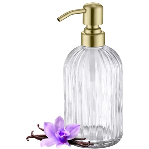 Image of Gold Refillable Glass Kitchen Soap Dispenser,16oz Bathroom Soap Dispenser with Vertical Strip,Golden 304 Stainless Steel Pump Head, Clear Thick Glass,for Modern Home Decor, Countertop, Hotel