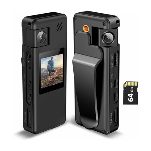Hoestr A32 64 GB fotocamera per il corpo, fotocamera portatile con obiettivo girevole a 180° e rilevamento del movimento, videocamera 1080P con registrazione audio e video per sport all'aria aperta