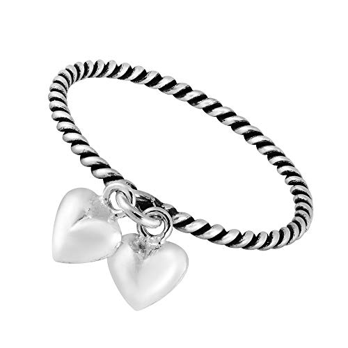 AeraVida .925 Sterling Silver Ring Adorable Twin Hearts Dangle Twisted Band | Cute Wedding Rings For Women | Chic Comfort Fit Silver Rings for Women | Love Symbol | Sterling Silver Rings Sizes 6-10