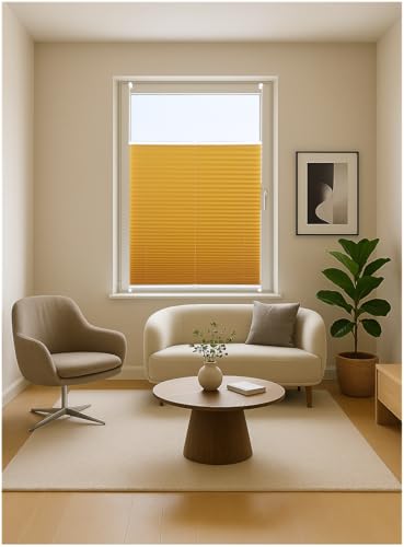 ondeco Plissee ohne Bohren mit Klemmträger viele Farben, Sonnenschutz für Fenster innen, Lichtschutz und Blickdicht, Plissee klemmfix Faltrollo Sichtschutz für Tür Gold-Ocker 50x130 cm