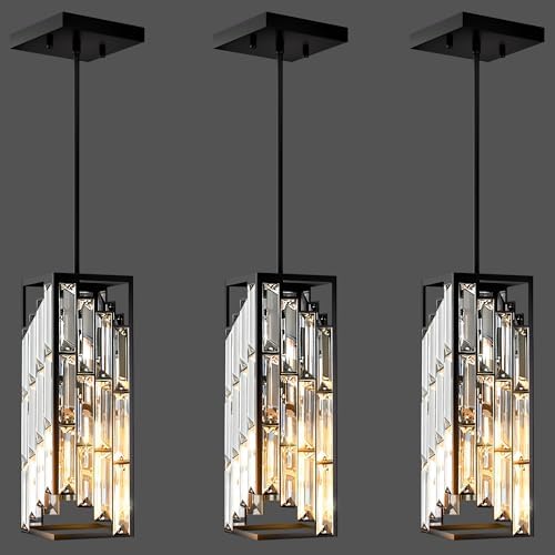 Esfos Black Pendant Lights Kitchen Island 3 Pack, Mini Crystal Ch...