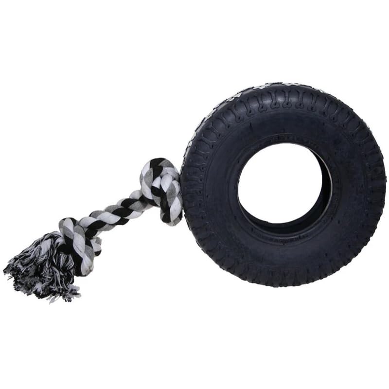 Tuff Tyre Dog Toy with Rope – Tough Durable Natural Rubber Chew Toy for Small Dogs & Puppies – Ideal for Tug, Throw & Fetch Games – Dental Care Teething Toy for Aggressive Chewers - 20cm