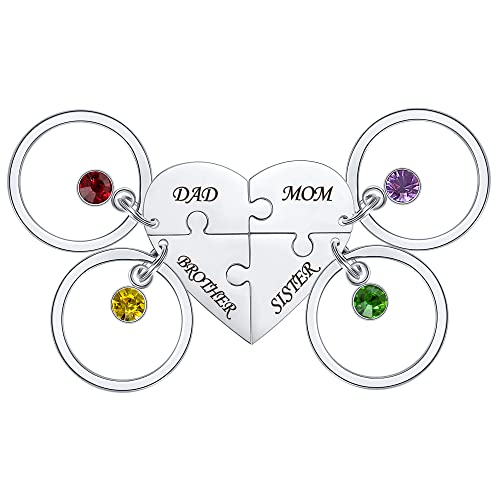 Fanery Sue Personalized Puzzle Pieces Heart Shape Necklace/Kaychain for Love Best Friends Family Custom Name/Date Matching Pendant Set with Gift Box(Silver Keychain-Set of 4 with birthstone)