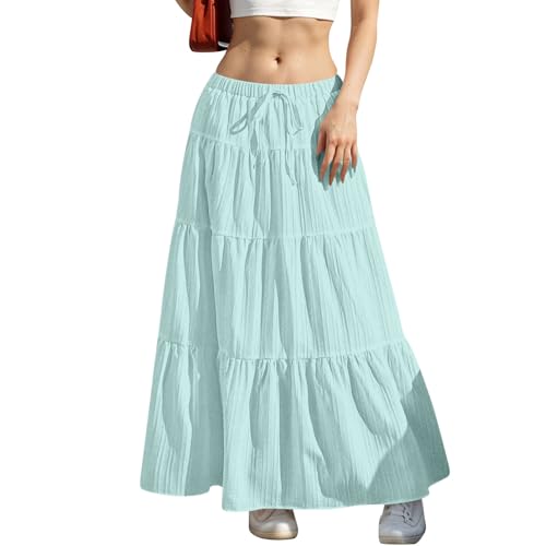 2025 Maxi Skirts for Women Boho Flowy Swing Tiered A-Line Skirt Casual Drawstring Elastic High Waist Pleated Skirts