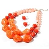 Izpack Layered Bead Statement Necklace Earrings Set for Women Boho Acrylic Beaded Dangle Hook Hoop Earring Chunky Strands Large Bib Collar for Wedding Party Jewelry (Orange)
