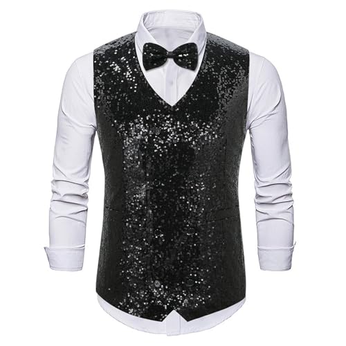 Rrongwn Chaleco de lentejuelas para hombre, cuello en V, brillante, chaleco de traje de lentejuelas, parte superior, discoteca, carnaval y fiesta temática, disfraz de lentejuelas, chaqueta de