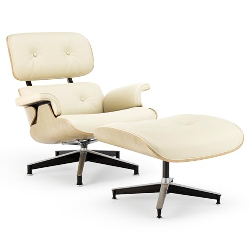 Image of Top Cream White Grain Leather, Mid Century Chaise Lounge Chair and Ottoman, Modern Chair Classic Design, Ash Wood, Heavy Duty Base Support for Living Room Office