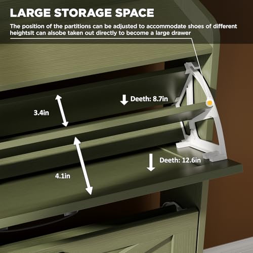 Image of Maupvit Shoe Storage Cabinet with 2 Flip Drawers, Freestanding Shoe Organizer with Metal Legs for Entryway, Narrow Shoe Rack Cabinet, Green