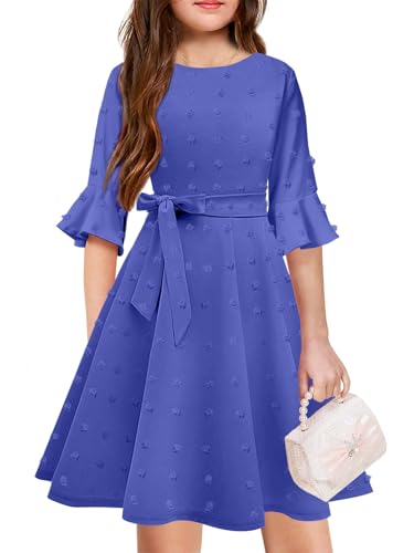 Girls Bell Sleeve Dresses Swiss Dots Crewneck Formal Belt Fit Knee High Midi Cap Shoulder Teen Dresses for Girls