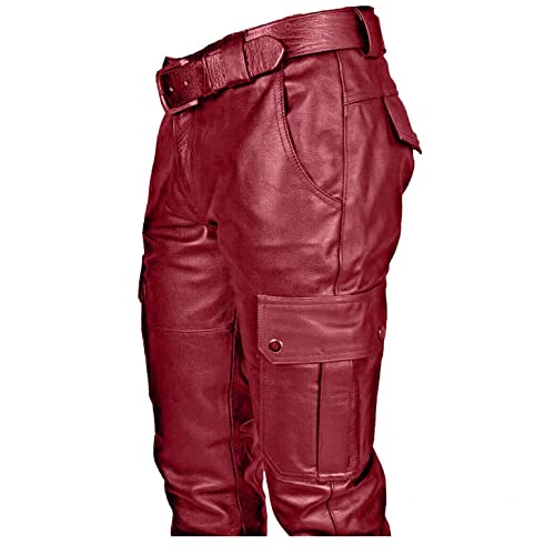 Mens Steampunk Faux Leather Biker Pants Retro Metallic Motocycle Punk Pants Slim Fit Pu Leather Denim Pants Night Club, Red #TOP1