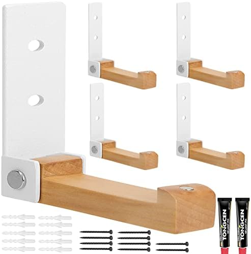 Folding Coat Hooks 5 Pcs Wooden Wall Hooks for Hanging Coat Heavy Duty Aluminum Alloy Adhesive Foldable Headphone Holder Coat Hooks Wall Mounted with 10 Screws for Hat, Towel, Bag (White)