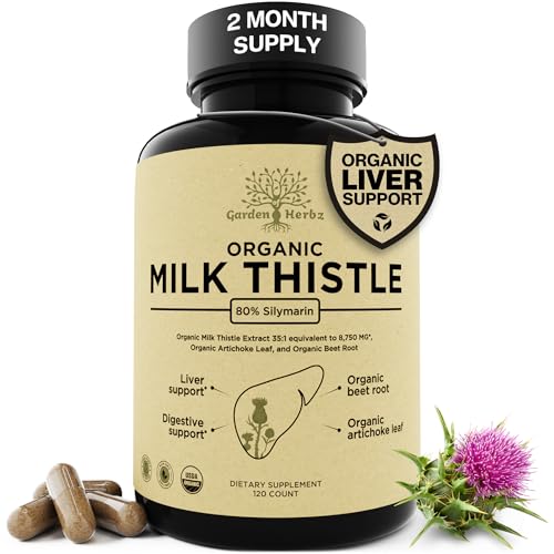 Garden of Herbz USDA Organic Milk Thistle 80% Silymarin - 250 mg with Beet Root & Artichoke Leaf - 120 Capsules