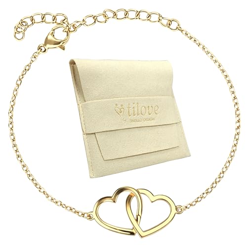 Zinello Design TILOVE - Pulsera Doble Corazón en Acero Inoxidable Dorado – Símbolo de Amor y Complicidad – Cadena Regulable 16 + 5 cm – Regalo Elegante con Bolsa de Microfibra y Tarjeta Inspiracional