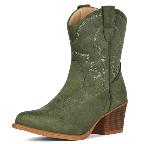 Image of IXU Cowboy Boots for Women Ankle Cowgirl Booties Wide Mid Calf Pointed Toe Western Boots Short Chunky Classic Booties