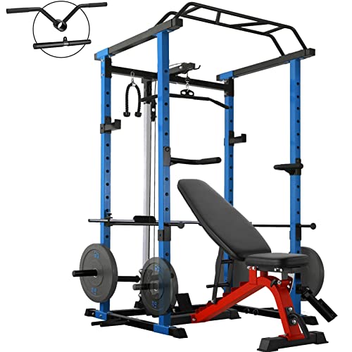 ER KANG Power Cage, 1200LBS Power Rack with LAT Pulldown, Multi-Function Squat Cage, Weight Cage with Pulley System Squat Rack for Home Gym with More Training Attachment (Blue Power Cage with Bench)