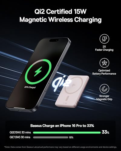 Image of Baseus Picogo Power Bank, Smallest Qi2 Certified 15W MagSafe Portable Charger, 0.5 inch Ultra Slim 5000mAh Magnetic Battery Pack with Stand, Alloy Wireless Charger for iPhone 17 Pro Max /17 Air /16 Series