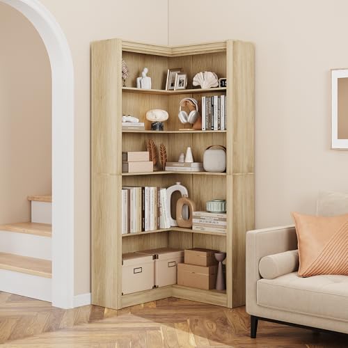 GarveeHome Corner Bookshelf, 71.8'' Farmhouse Corner Bookcase, L-Shaped Bookshelf Large Bookcase, 5 Tier Display Shelf Heavy Duty Bookcases, Bookshelves with Storage (Light Wood)