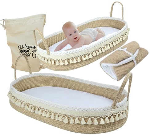 Image of Cozy Tykes Cotton Rope Baby Changing Baskets Include Removeable Waterproof Changing pad Drawstring Carrying Bag Dresser top Storage Nursery Decor Changing Table Basket