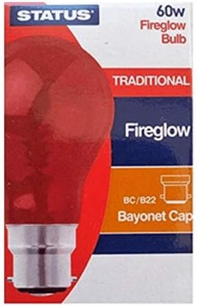 STATUS FIREGLOW Effect 60W Clear Classic BC B22 Light Bulbs, Bayonet Cap, Red Glow GLS Incandescent Lamps, Brooder/Incubator/ Flame Effect Electric Fires/ Decorations, 180 Lumen, Mains 240V