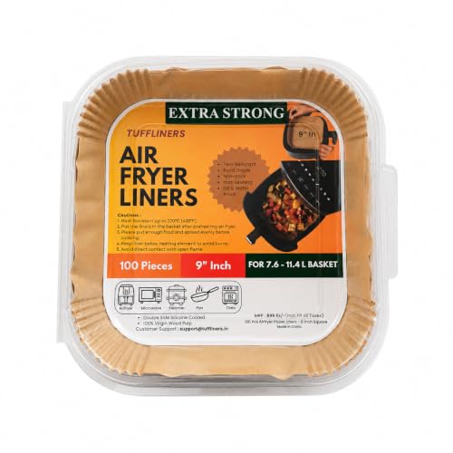 Image of Square Air Fryer Paper Liners 9 Inch, 100 Sheets, Silicone Coated, 100% Virgin Wood Pulp, Oil & Water Proof, Shape Retaining, Non-Stick Disposable Parchment Paper for 7.6-11.4L Air Fryers