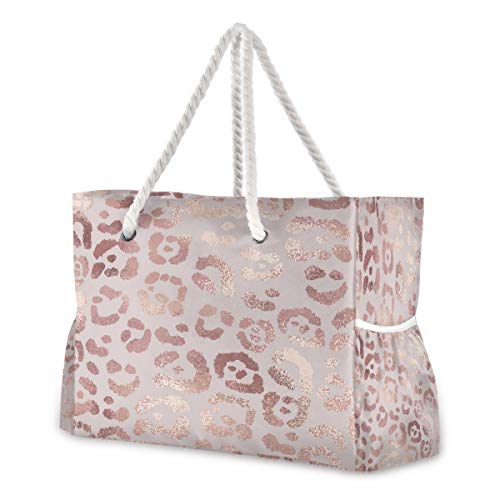 ALAZA Large Travel Beach Tote, Rose Gold Leopard Polyester Handbag Gym Shoulder Bags with Cotton Rope