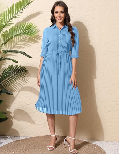 Image of Women V Neck 3 /4 Sleeve Pleated A-Line Dress with Belt Swing Midi Dresses for Spring Summer Autumn
