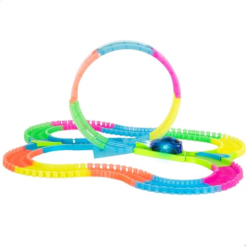 COLORBABY Speed & Go Pista coches flexible, 131 piezas, 350 cm, Brilla en la oscuridad, Circuito luminoso, Aro de 360º, Coche luces LED, Juguetes educativos niños 3 años, Juego de construcción (39542)