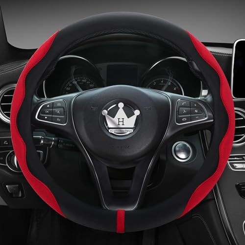 HighnessHwoo Luxuriöser Suede Auto Lenkradbezug Komfort Lenkradabdeckung weiches Leder gepolsterte Räderabdeckung für Limousine SUV dünne Auto Griff Abdeckungen Universelle 37-38cm Rot