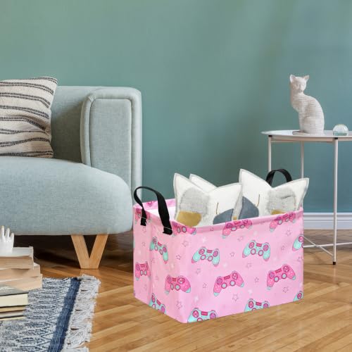 Image of MAIZMZ Girls Storage Basket,Pink Controller Print Kids Hamper,Waterproof Lining, Leather Handles, Collapsible for Gamer Girls, Toys, Clothes, Gift Basket
