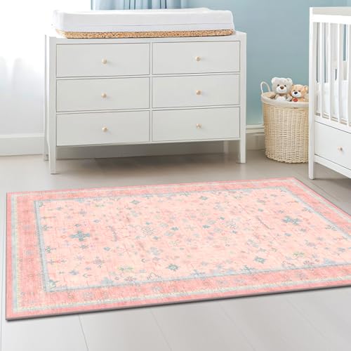 Image of Washable 3x5 Pink Rugs for Girls Bedroom Beside Bed, Nursery Rug, Soft Faux Wool Low Pile Non Slip Stain Resistance Carpet, Pink & Blue
