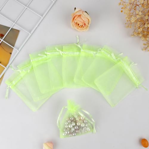 Image of Organza Bags 50Pcs, 3 x 4 Inch Sheer Drawstring Jewelry Gift Pouches, Mesh Party Wedding Favor Mini Candy Bags for Christmas, Fruit Green