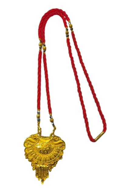 QNAM Crystal Moti Beads Red Golden Mangalsutra Chain With Flower Gold Plated Pendent For Women-image-6