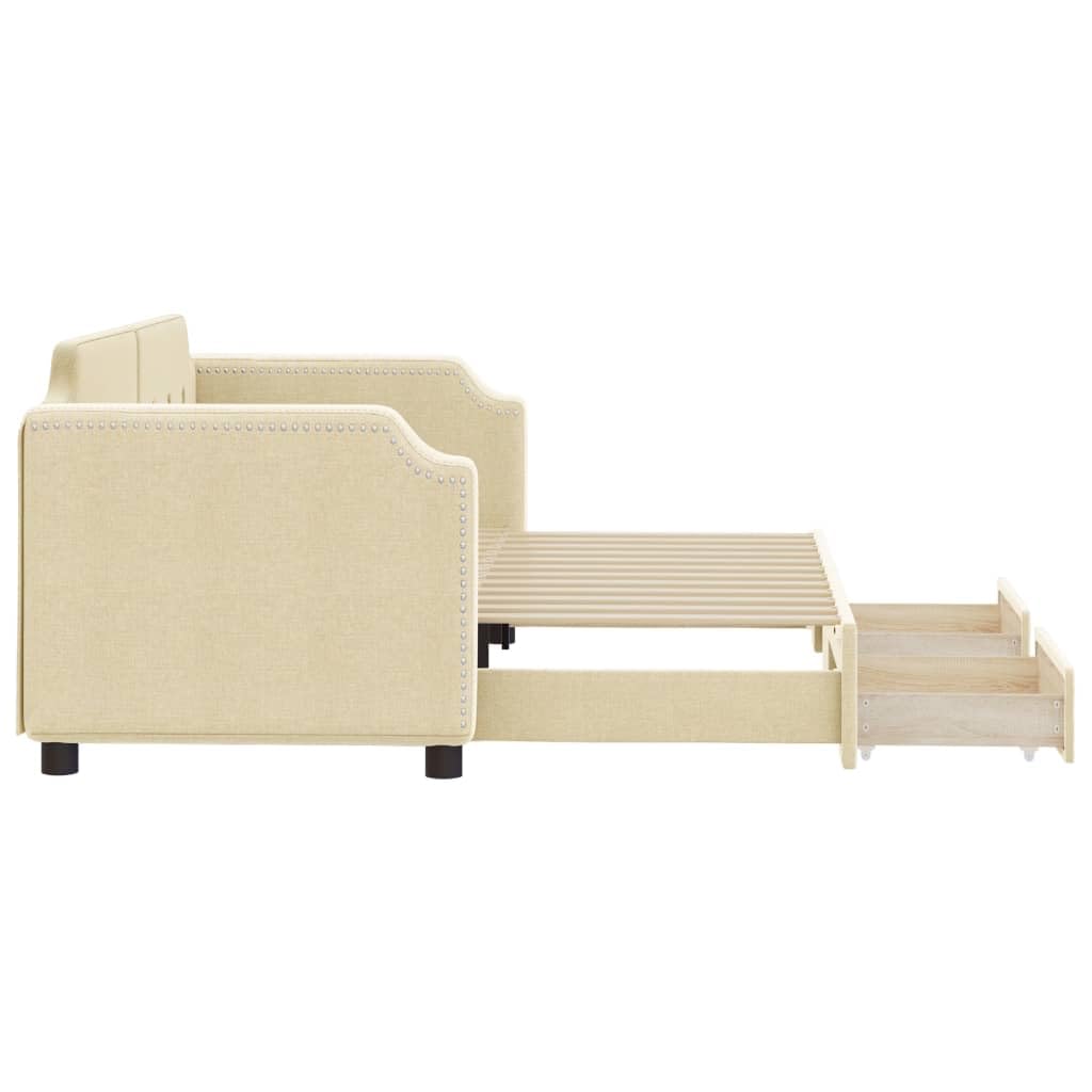Rozkładane łóżko dzienne, kremowy materiał 80 x 200 cm, z 2 szufladami, wytrzymały stelaż z metalu i drewna, uniwersalna sofa do spania do pokoju gościnnego