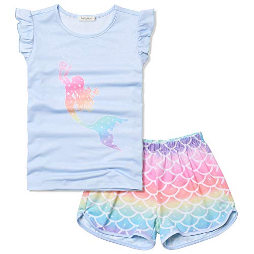 Girls Rainbow Mermaid Night Shorts Fultter Sleeve Summer Sleep Shirt Pajama Set #TOP13